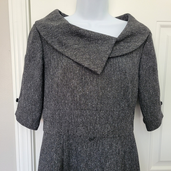 WHBM Gray Tweed Classic Knee Length 3/4 Sleeve Statement Collar Dress Size 6 - Picture 2 of 10